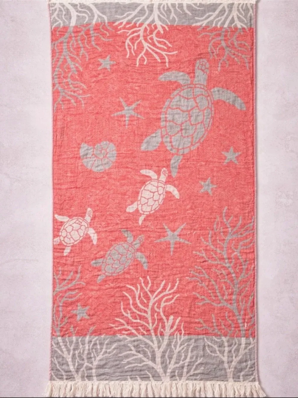 Woven Coastal Turtle 2 Side 100% Cotton Beach Towel Green + Coral NEW